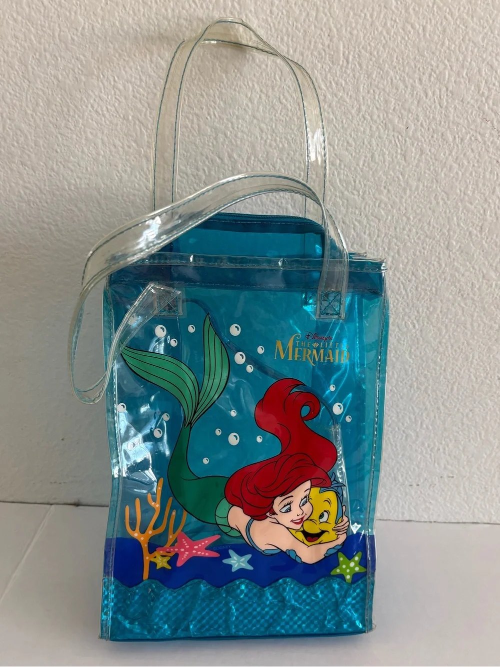 Vintage Disney Little Mermaid Ariel Vinyl Tote '90s Flounder Zip Closure